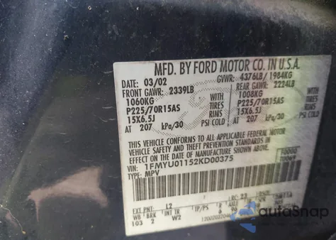 2002 Ford Escape Xls из США, поврежденный, VIN 1FMYU01152KD00375